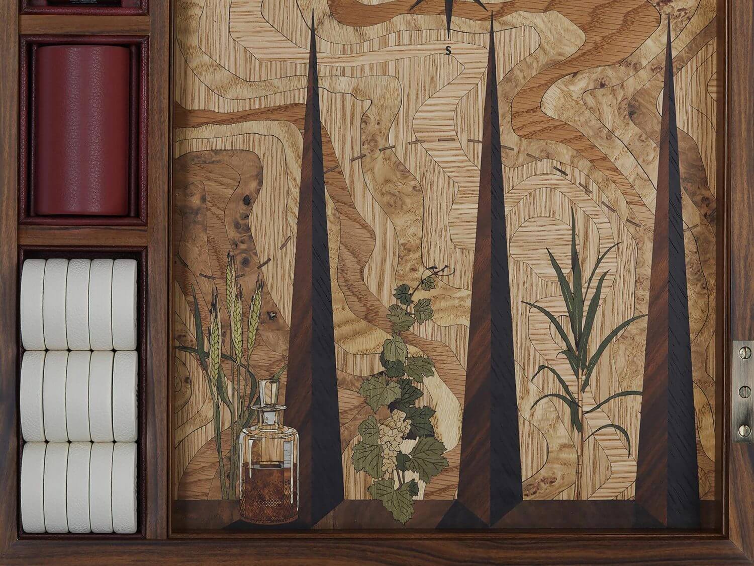 Marquetry backgammon board with whiskey bottle and exotic plant design