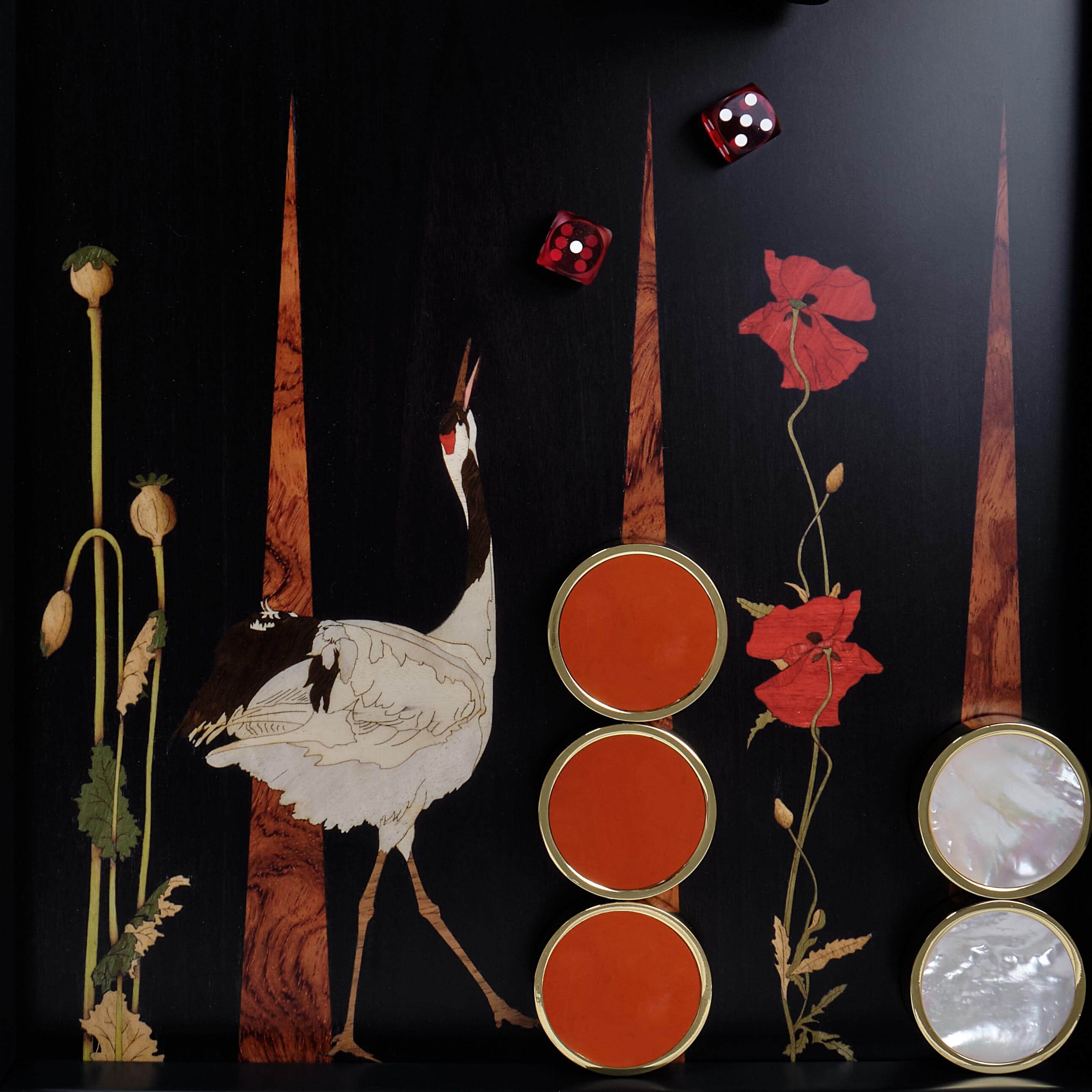 Poppy and Crane backgammon board with red jasper and white mother of Pearl playing pieces