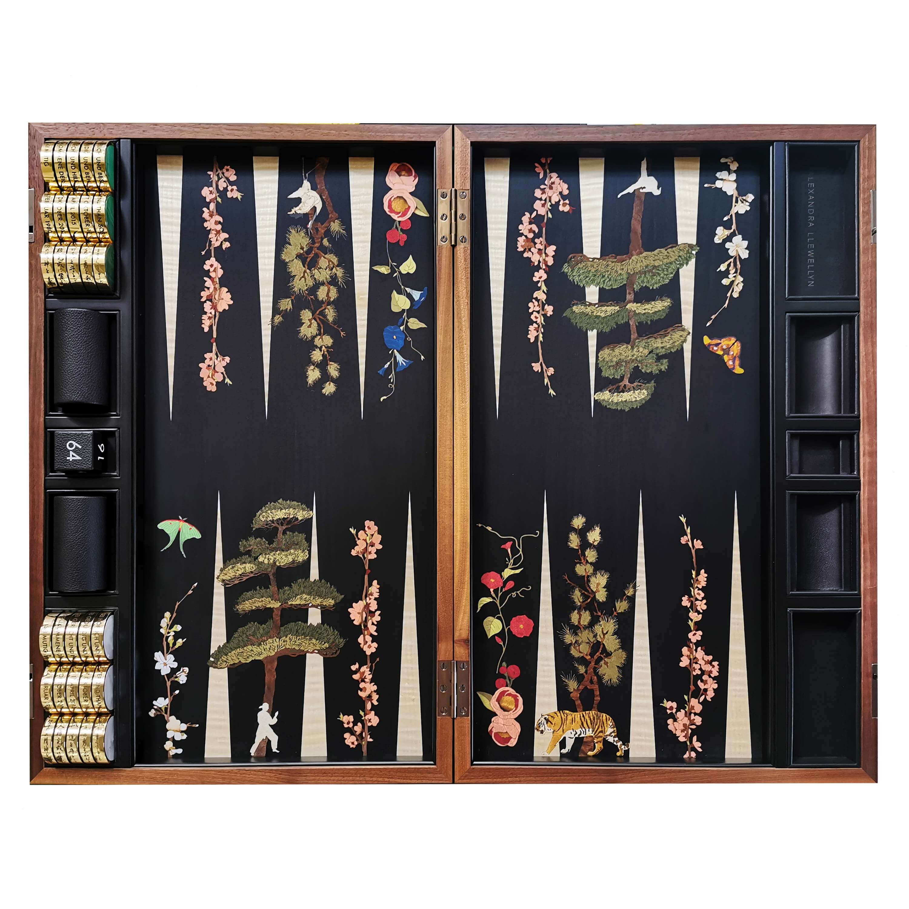 A bespoke marquetry backgammonn set with tigers and Japanese flora and fauna