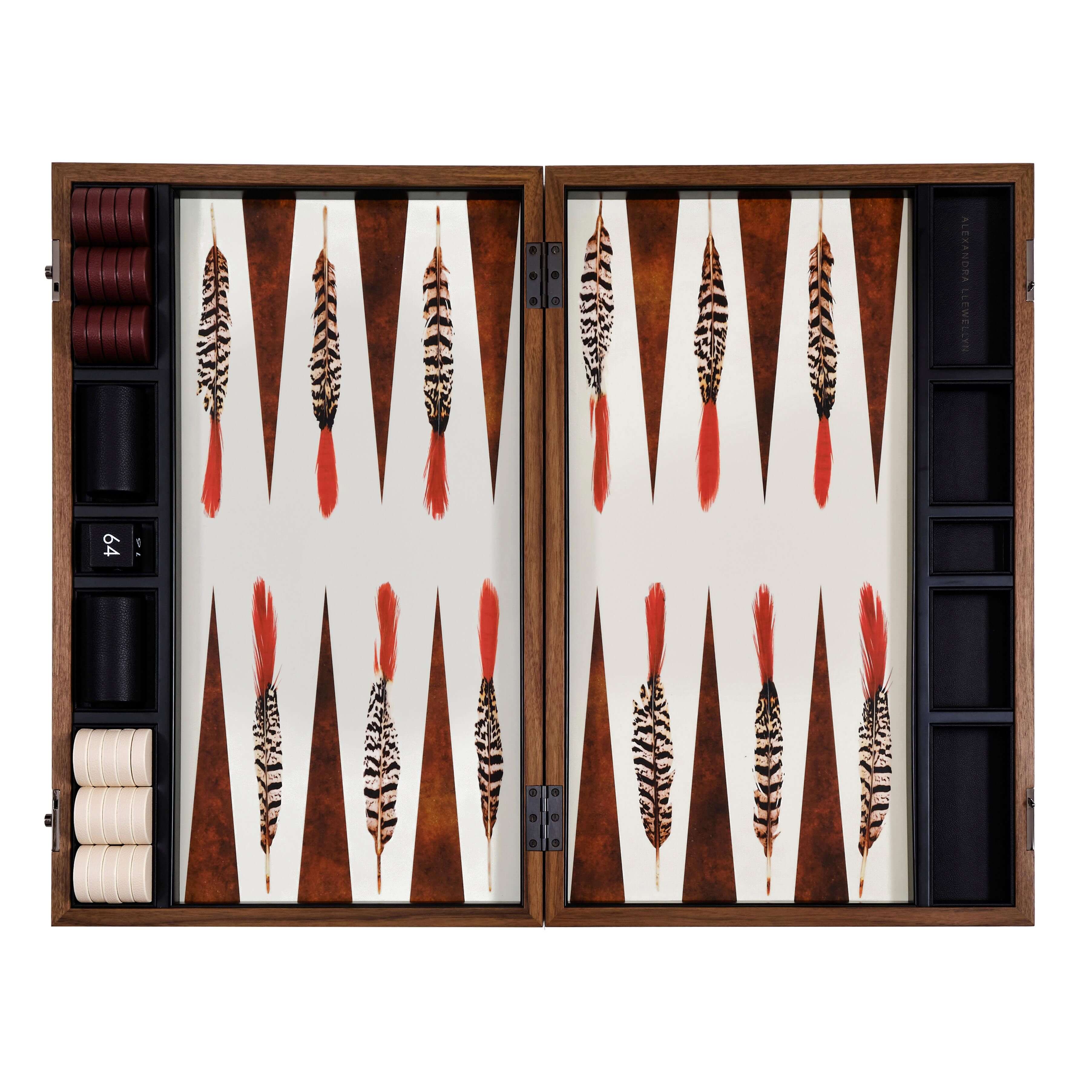 Alexandra Llewellyn B&W Feather Backgammon Set Open