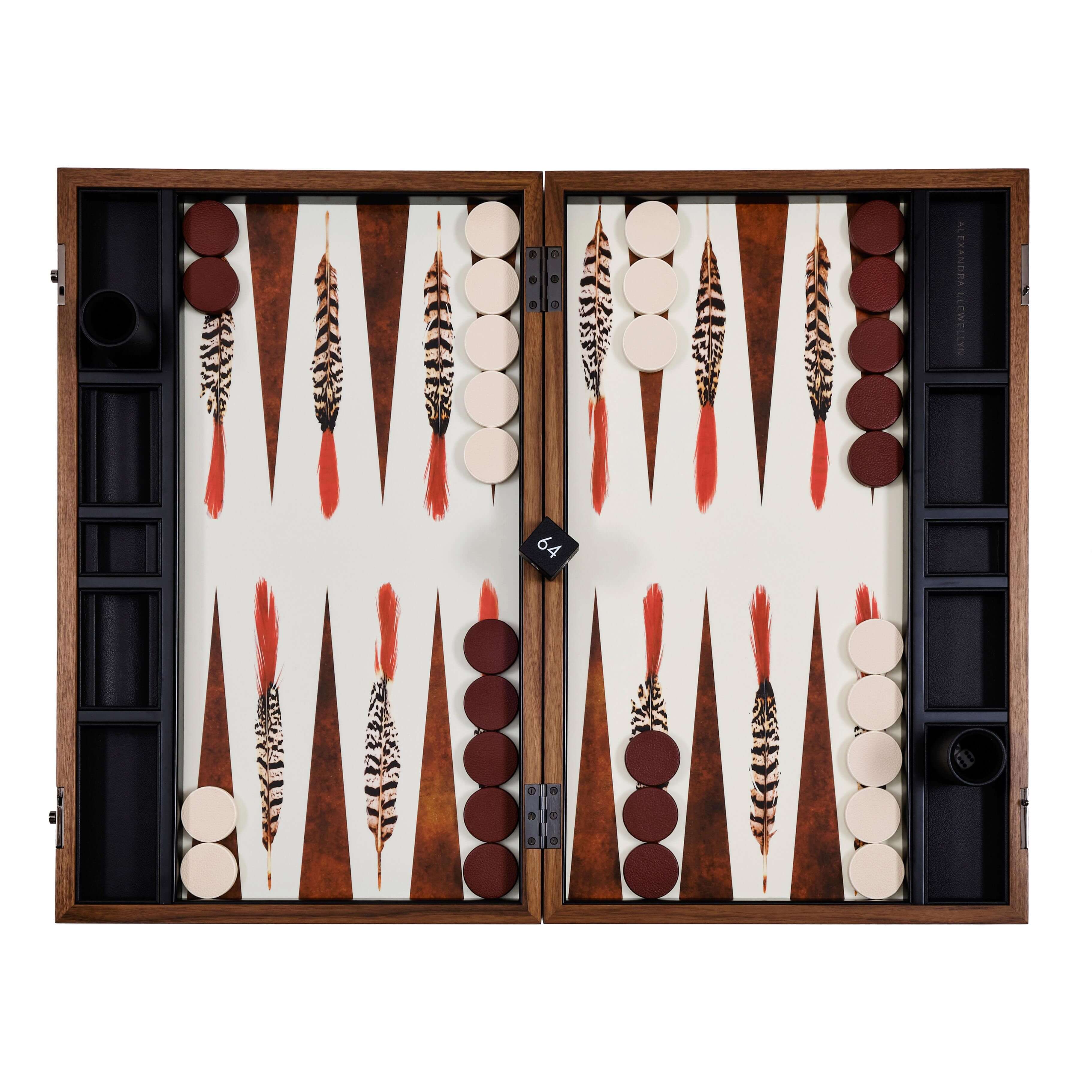 Alexandra Llewellyn B&W Feather Backgammon Set Open