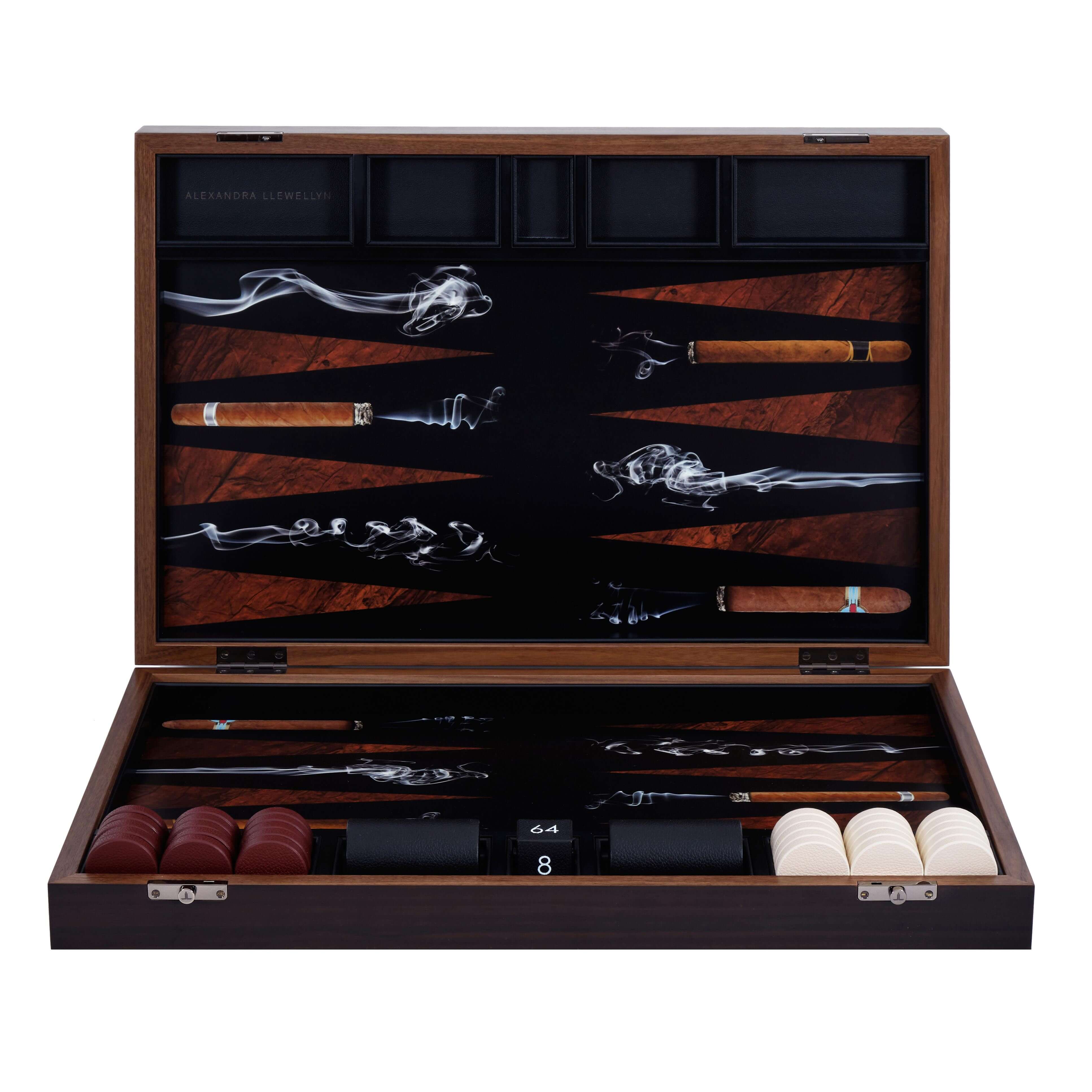 Cigar backgammon board in a Fumed Eucalyptus box with red and cream leather pieces