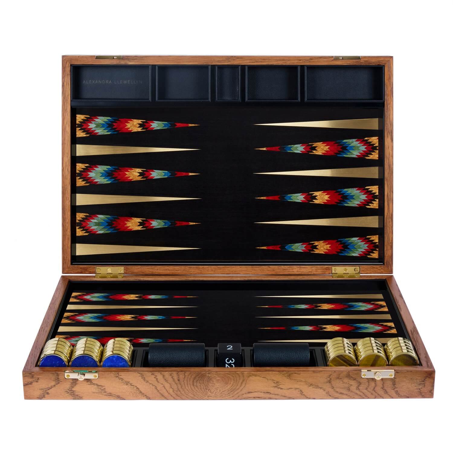Deco Luxe marquetry backgammon set in a London Oak box with Lapis and Tiger eye playing pieces