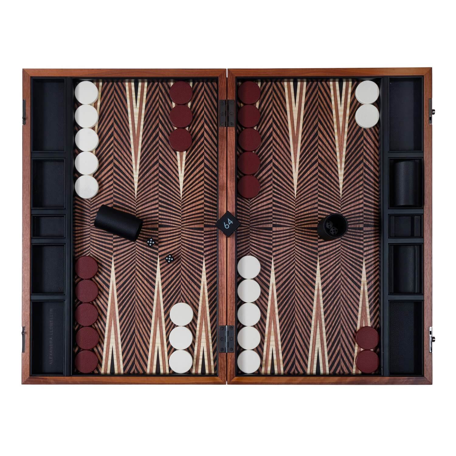 Alexandra Llewellyn Geometric Walnut Backgammon Set Open