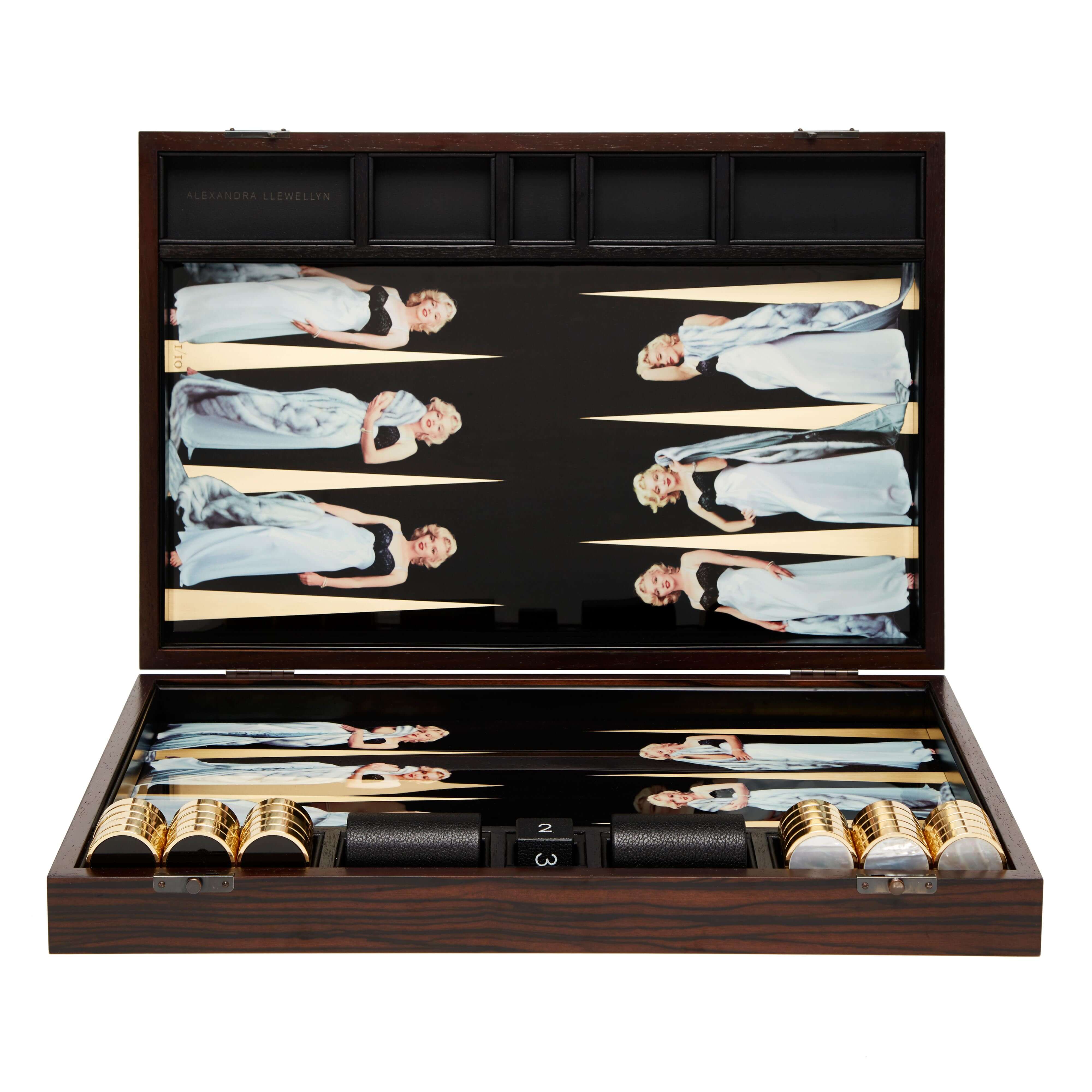 Marilyn Monroe backgammon backgammon board in an Ebony box with Black Marble and Mother of Pearl playing pieces
