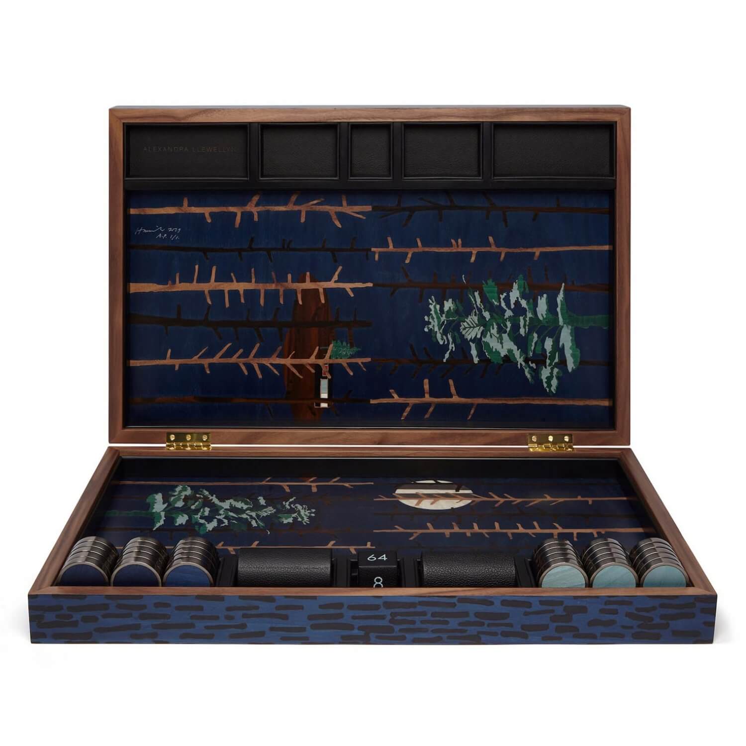 Tom hammock backgammon box in a bespoke marquetry box and playing pieces