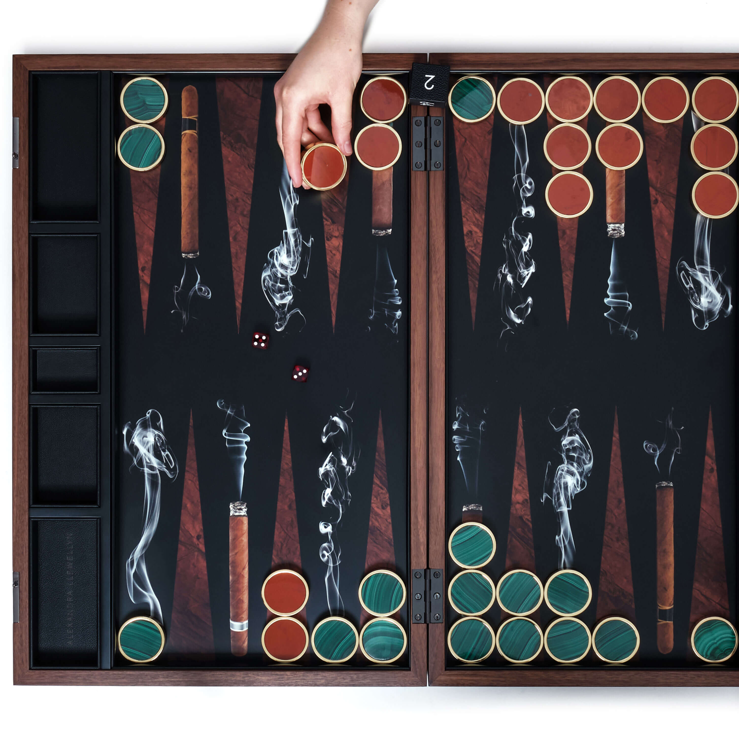 Malachite and Red Jasper semi precious stone playing pieces on a Cigar design Backgammon set