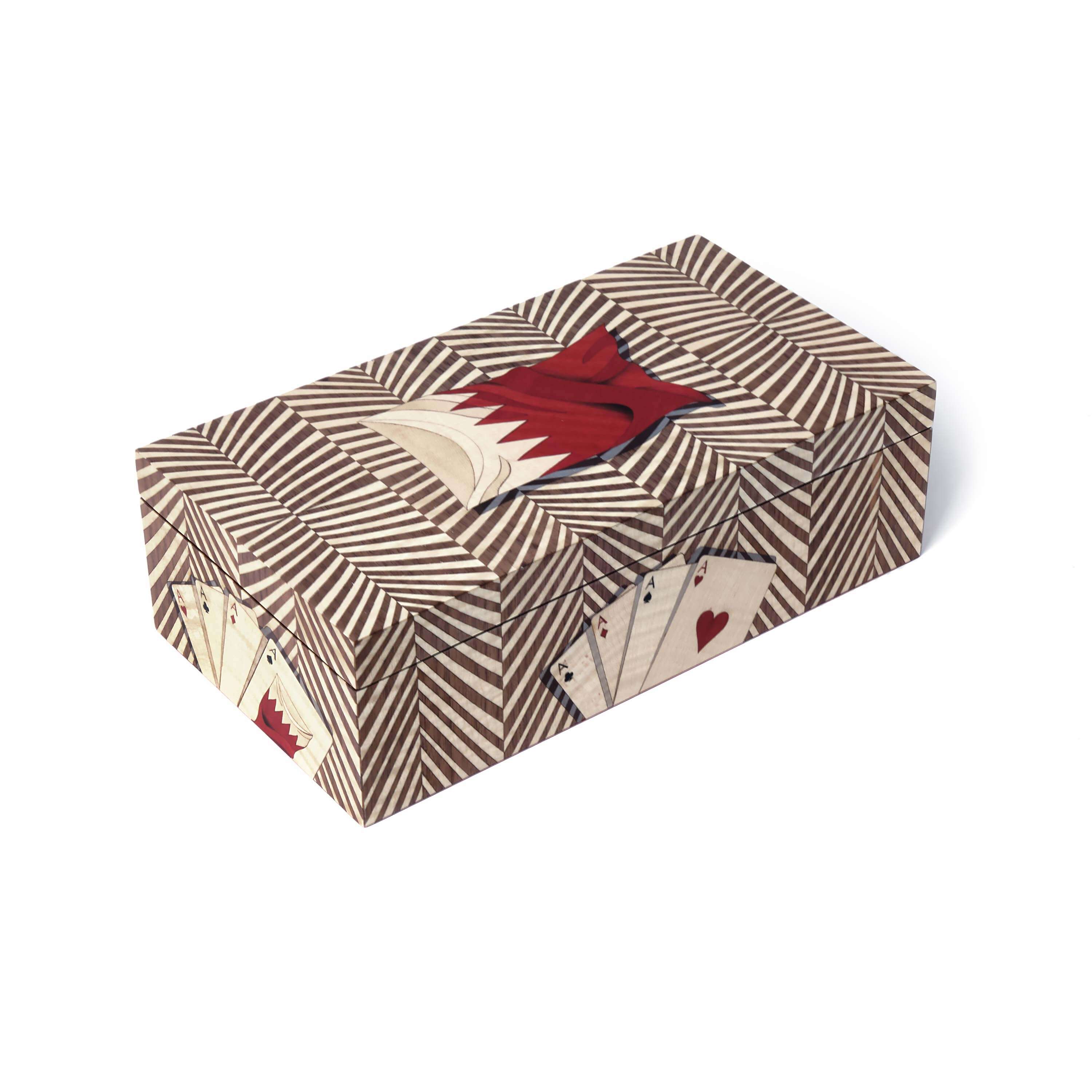 Bespoke red and white marquetry card box design
