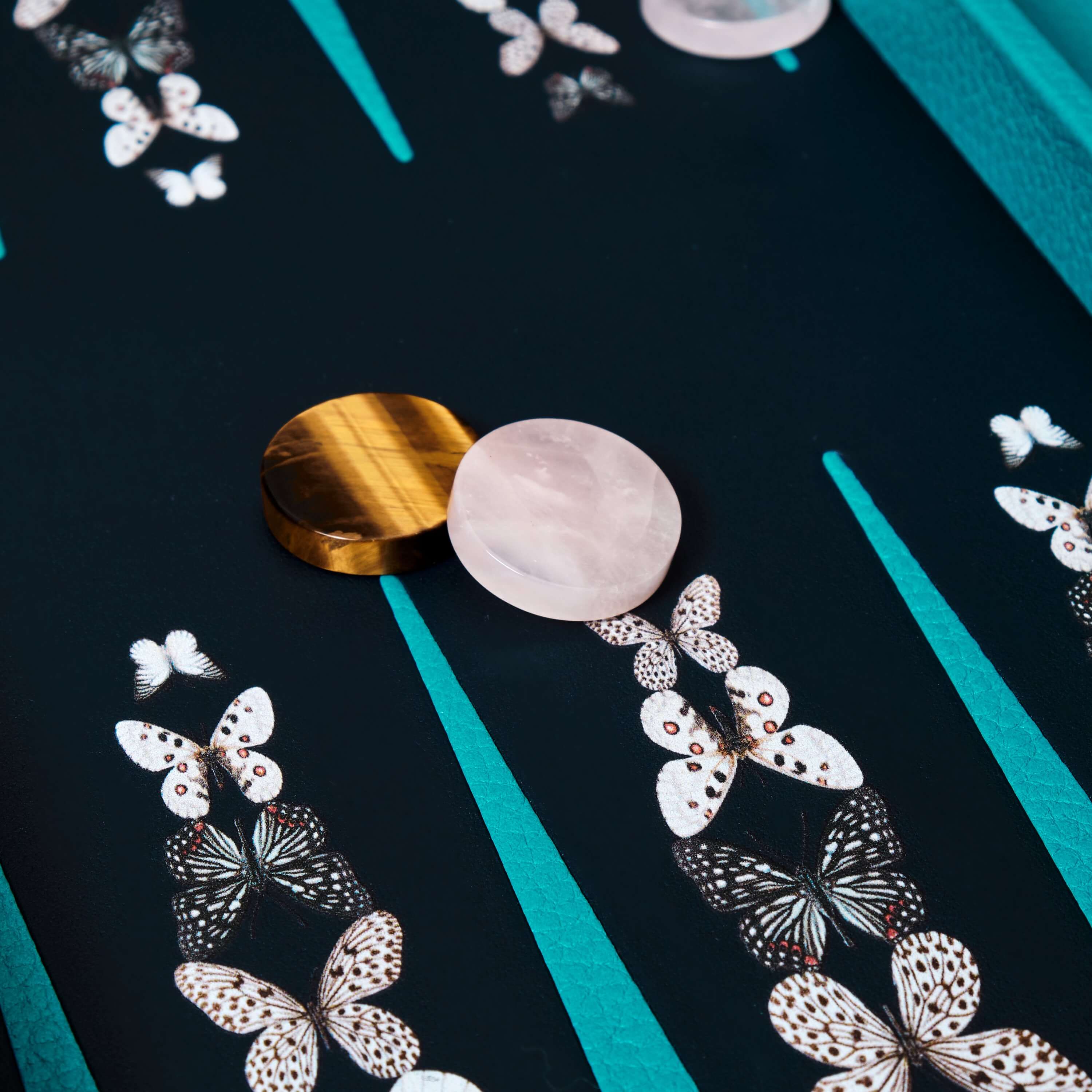 black and white butterfly travel backgammon set with rose quartz and tiger eye playing pieces
