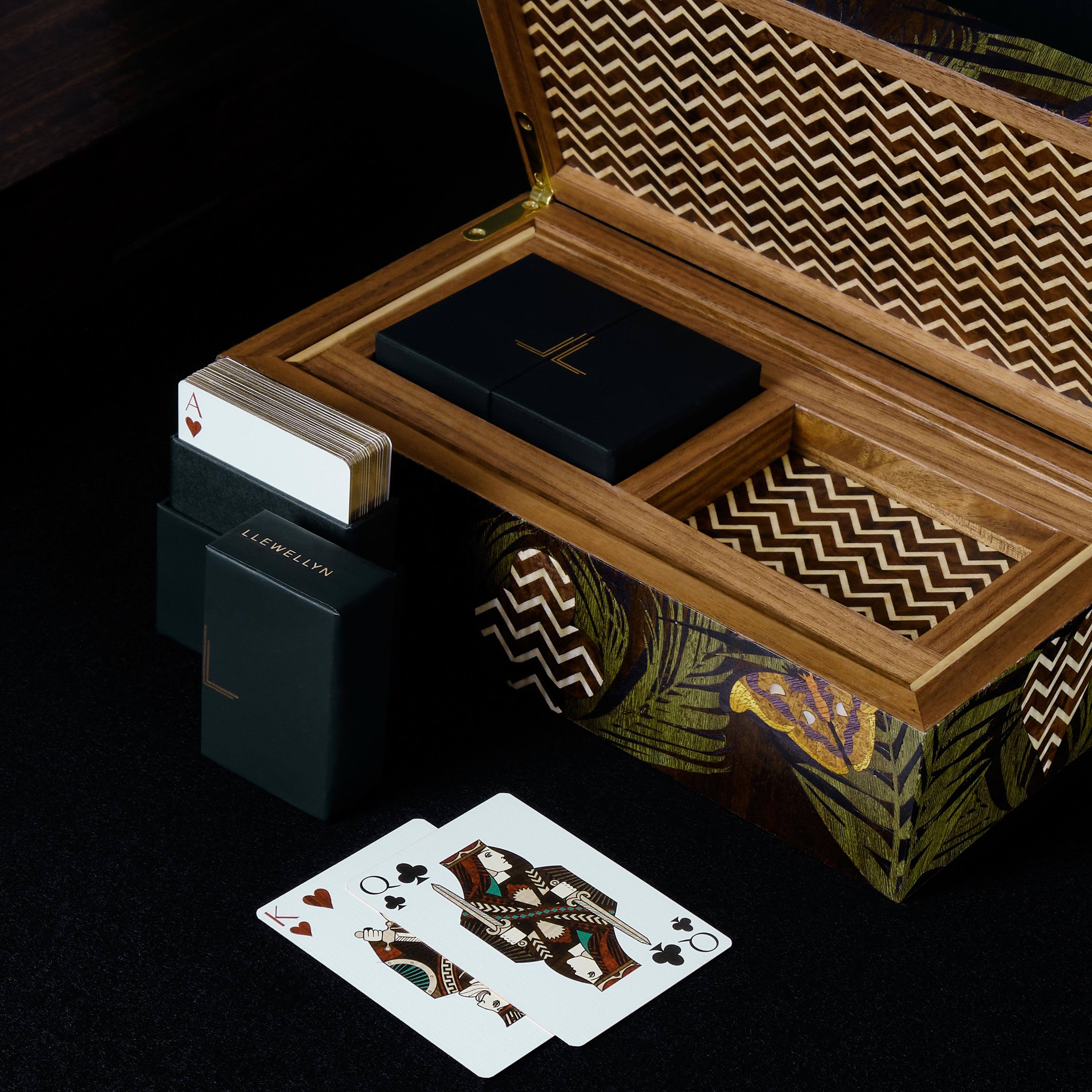 Jungle Playing Cards box lid open with two packs of playing cards