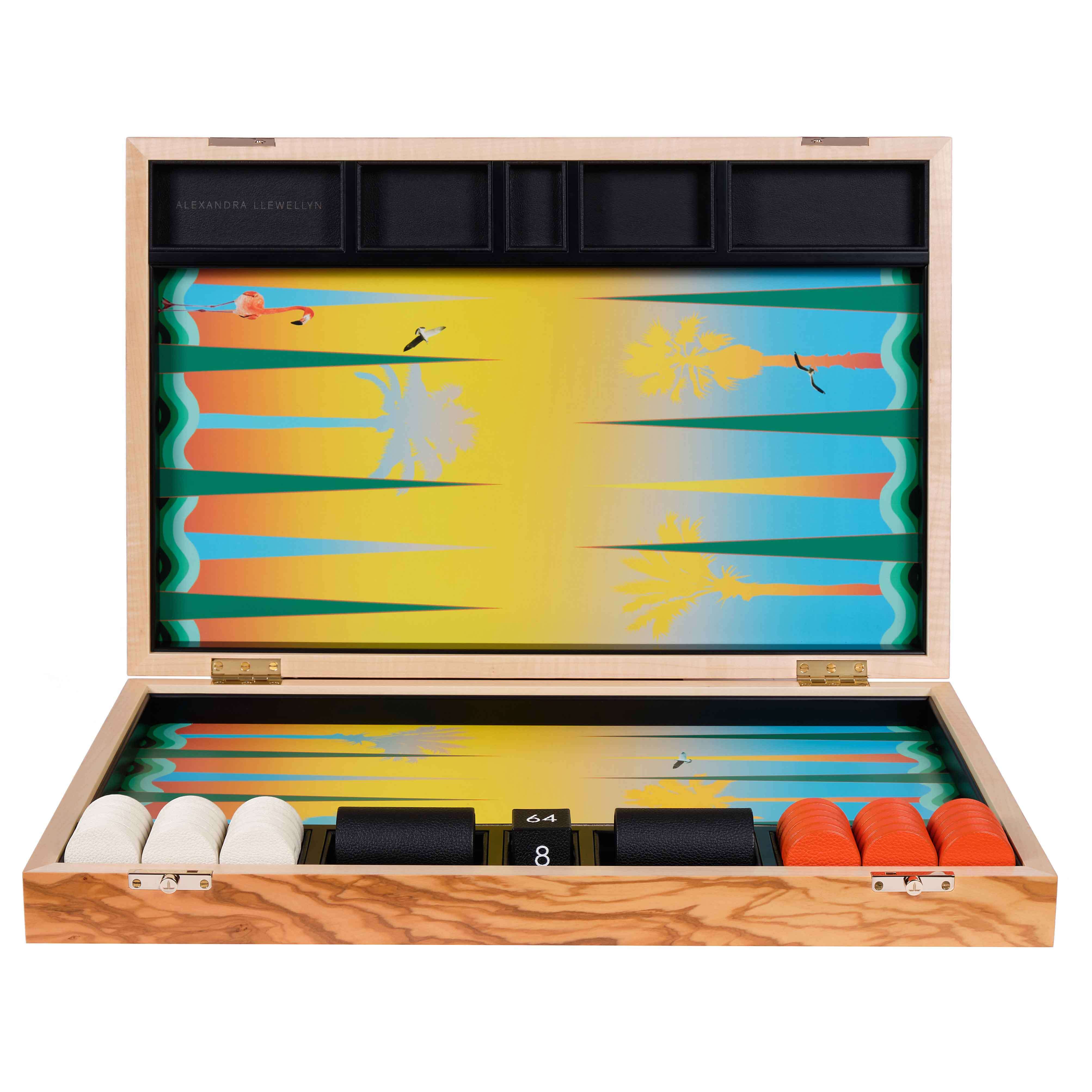 Sunrise Backgammon set with lid open