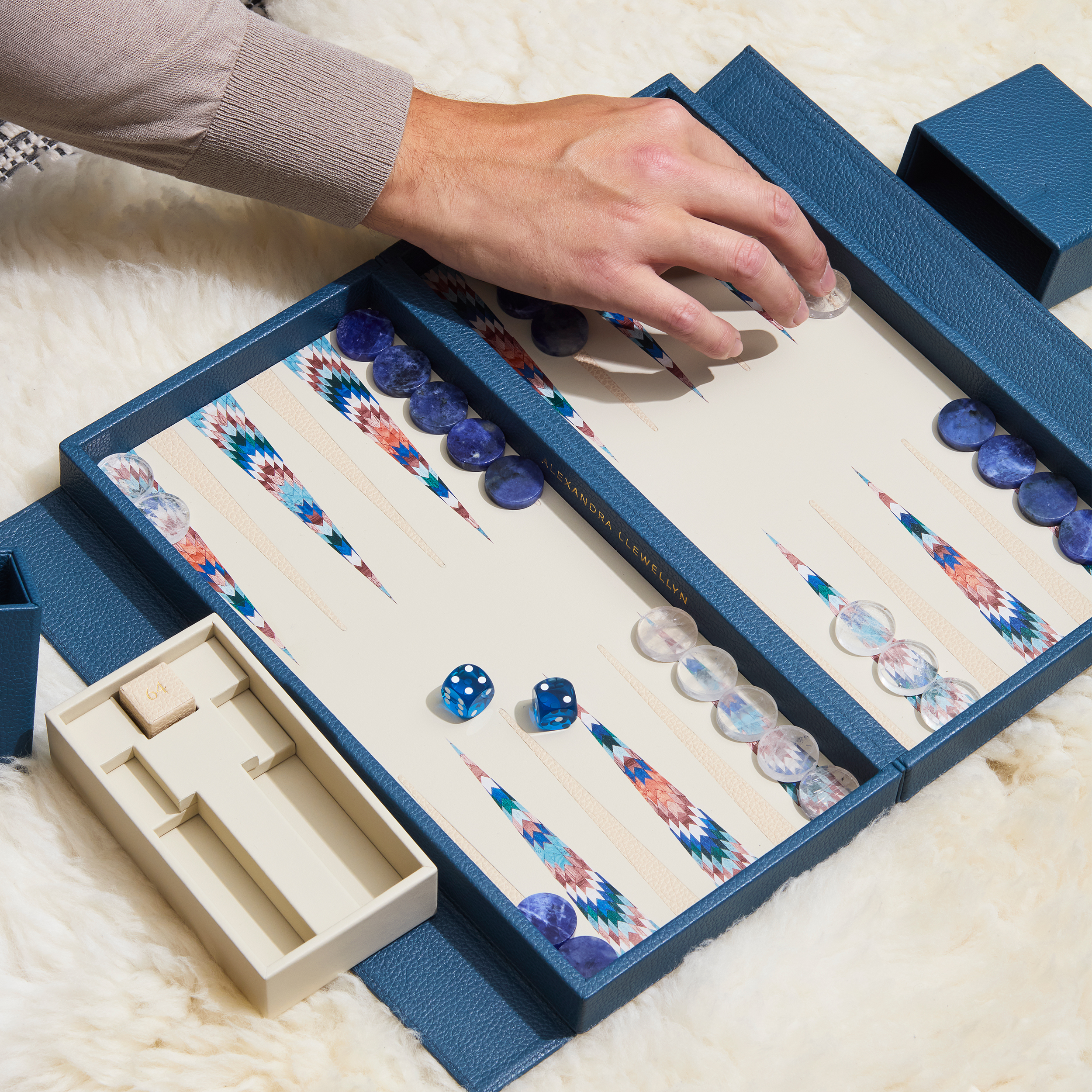 Blue Aztec Travel Backgammon Set | Leather Playing Surface - thumbnail 5