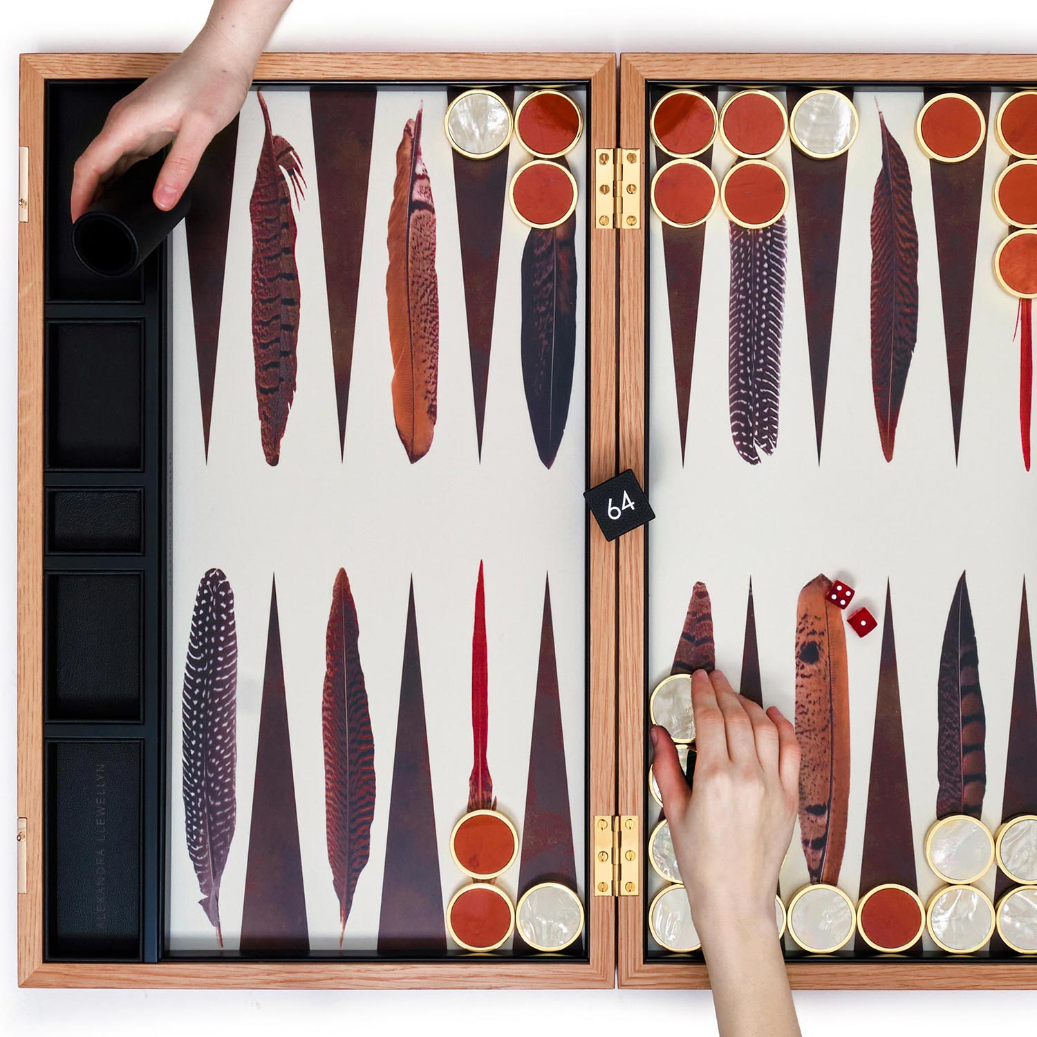 alexandra llewellyn feather backgammon set with red jasper and mother of pearl playing piece set