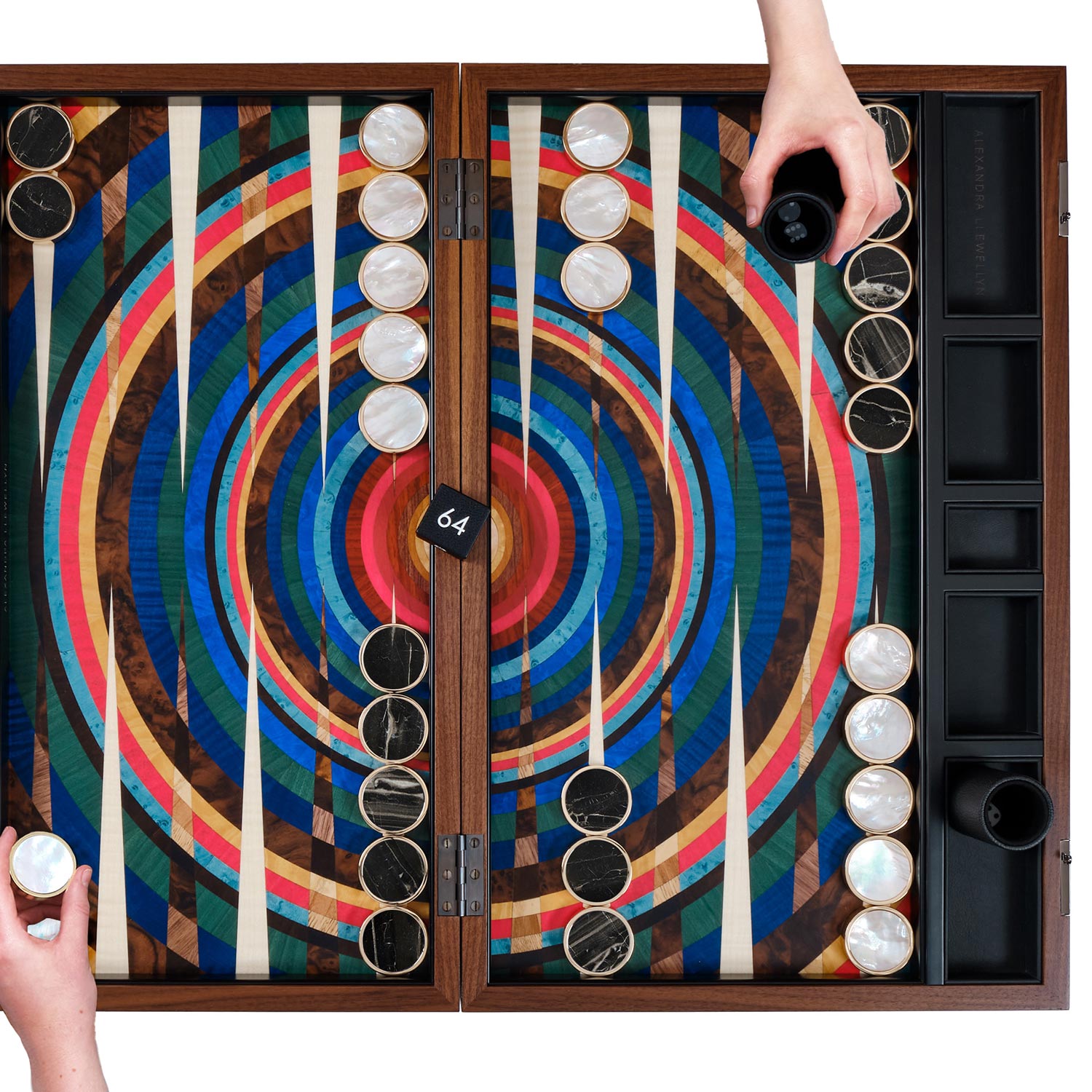 alexandra llewellyn vortex backgammon set with mother of pearl and black vein marble playing pieces