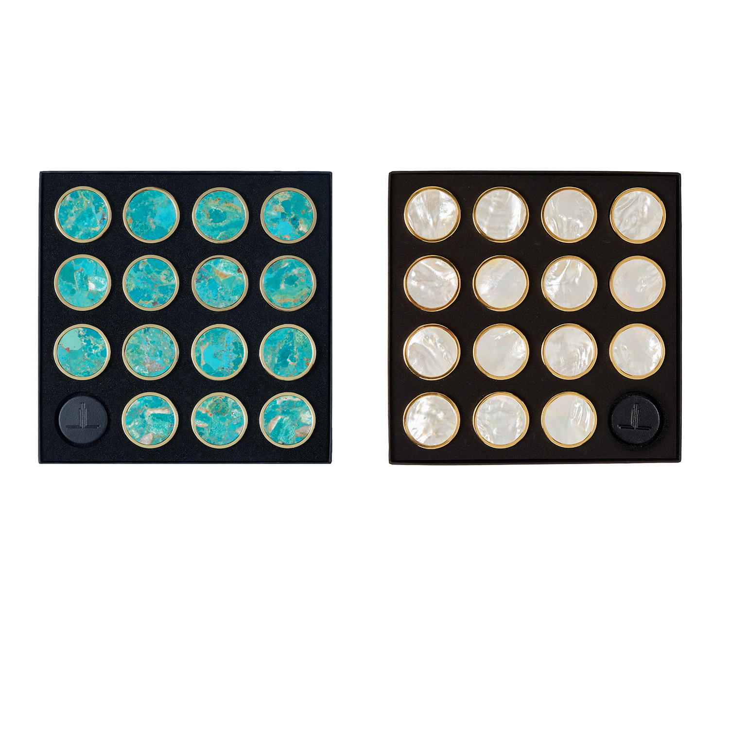 real turquoise and mother of pearl playing pieces by alexandra llewellyn